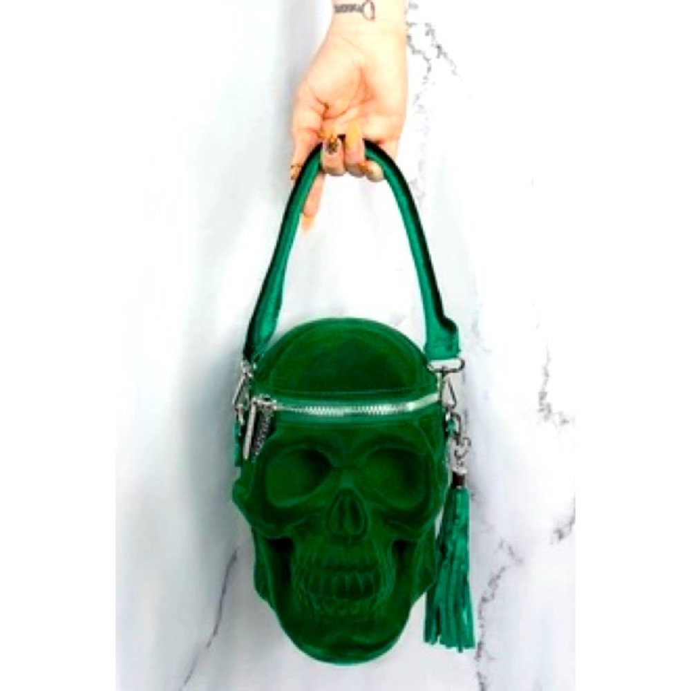 GREEN VELVET SKULL PURSE